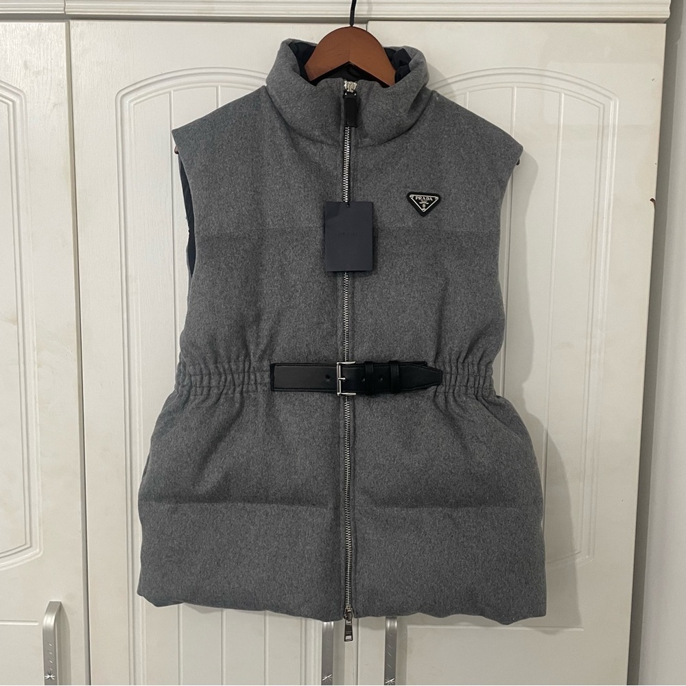 Prada Grey Quilted Belted Puffer Vest